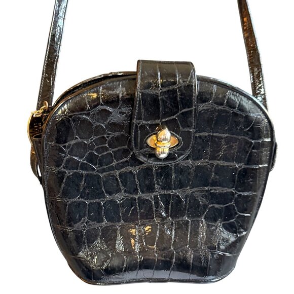 Stuart Weitzman Faux Leather Croco Embossed Patent Shoulder Bag Women's Black - Picture 1 of 11